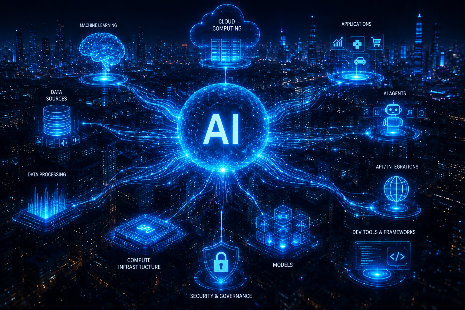 Glowing AI sphere over a night city, linked to data sources, machine learning, cloud computing, applications, agents, APIs, models, compute infrastructure and security